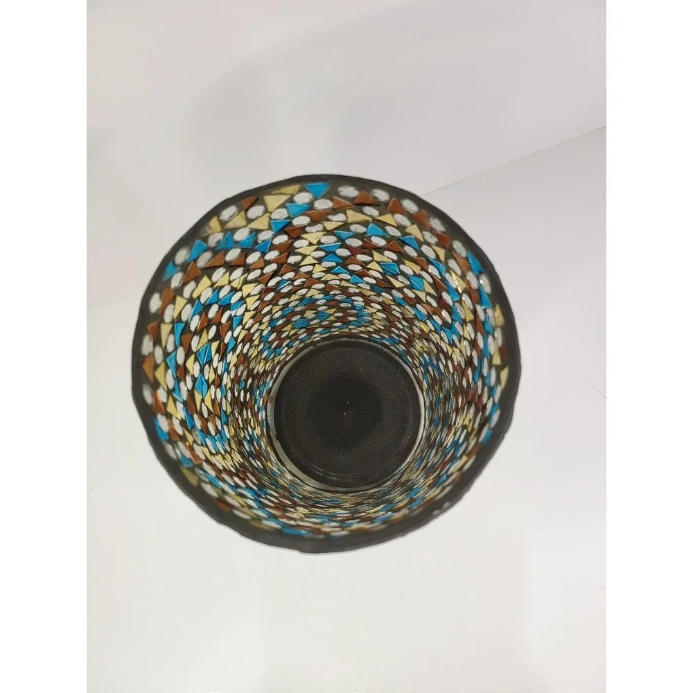 Mosaic Glass Cylinder Vase Blue Amber Gold Geometric Tile Candle Holder 8in